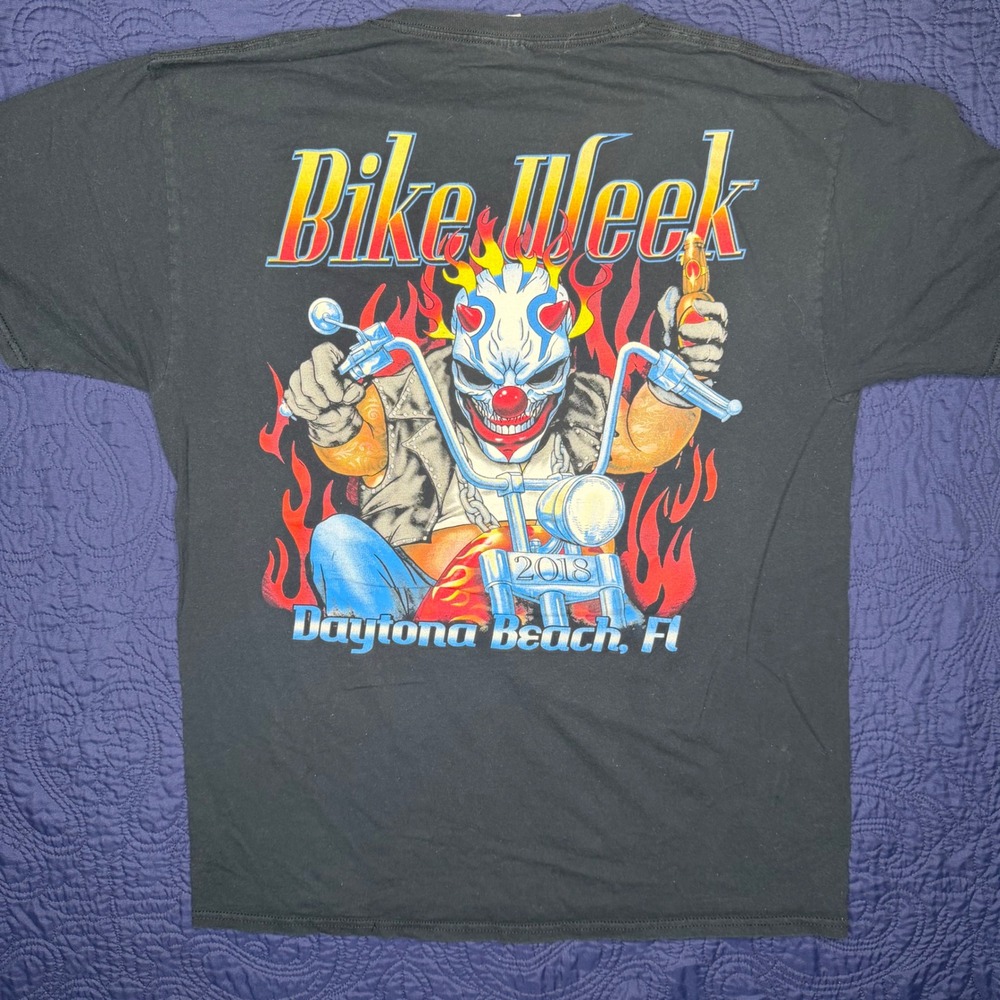 Fruit of‎ the Loom Daytona Beach Bike Week 2018 Clown Tee  L Black Faded Stained